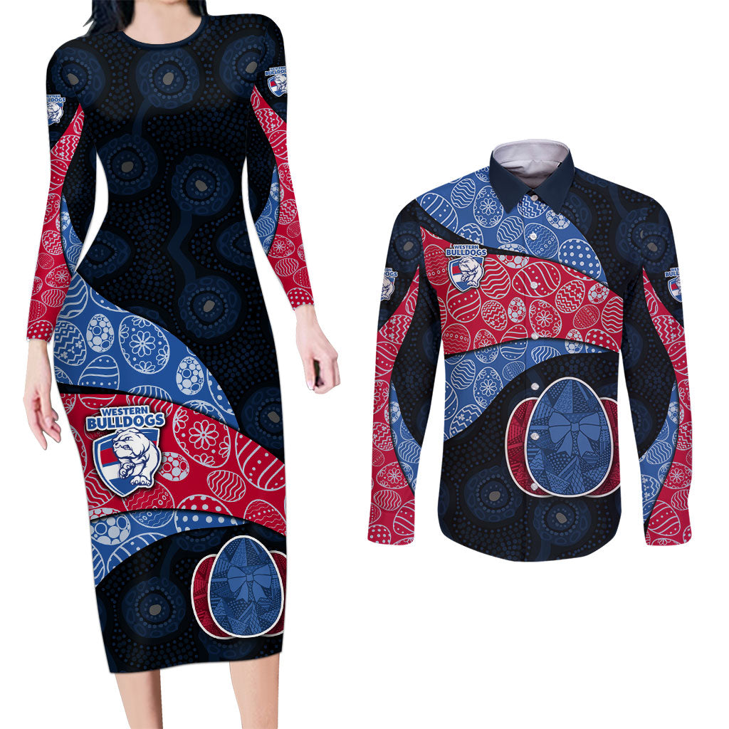 Personalized Western Bulldogs Football Couples Matching Long Sleeve Bodycon Dress and Long Sleeve Button Shirt Easter Egg Pattern Red Blue Tribal Dot Art Style