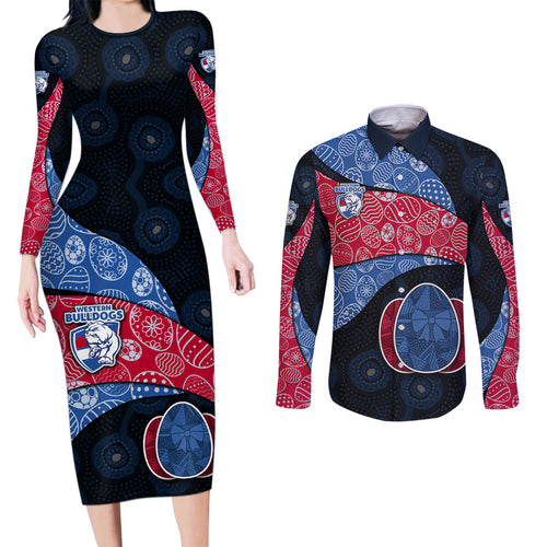 Personalized Western Bulldogs Football Couples Matching Long Sleeve Bodycon Dress and Long Sleeve Button Shirt Easter Egg Pattern Red Blue Tribal Dot Art Style