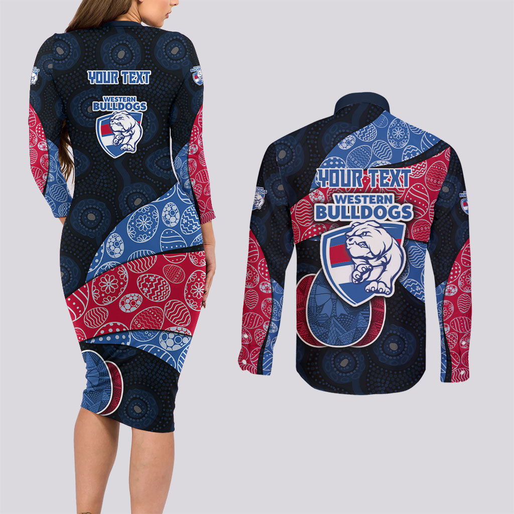 Personalized Western Bulldogs Football Couples Matching Long Sleeve Bodycon Dress and Long Sleeve Button Shirt Easter Egg Pattern Red Blue Tribal Dot Art Style