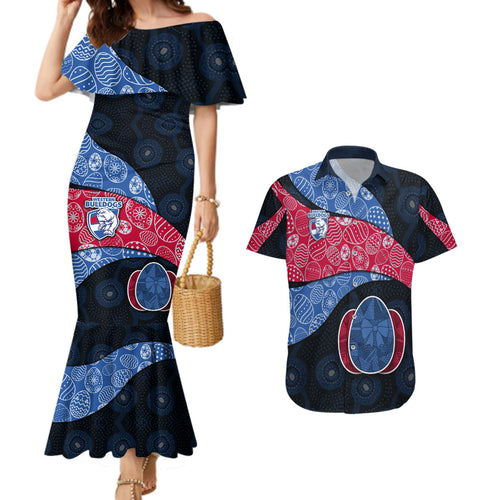 Personalized Western Bulldogs Football Couples Matching Mermaid Dress and Hawaiian Shirt Easter Egg Pattern Red Blue Tribal Dot Art Style
