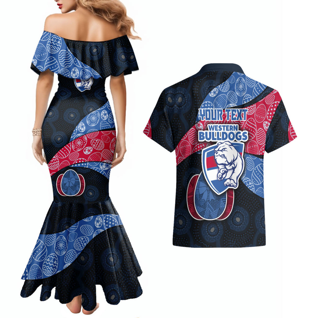 Personalized Western Bulldogs Football Couples Matching Mermaid Dress and Hawaiian Shirt Easter Egg Pattern Red Blue Tribal Dot Art Style