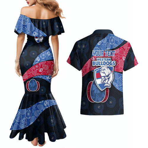 Personalized Western Bulldogs Football Couples Matching Mermaid Dress and Hawaiian Shirt Easter Egg Pattern Red Blue Tribal Dot Art Style
