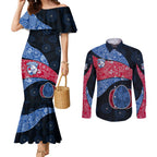 Personalized Western Bulldogs Football Couples Matching Mermaid Dress and Long Sleeve Button Shirt Easter Egg Pattern Red Blue Tribal Dot Art Style