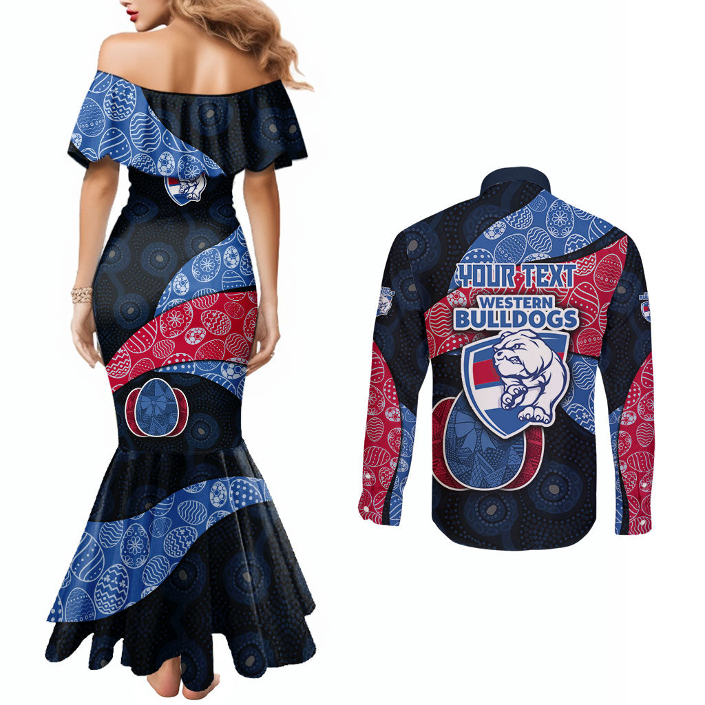 Personalized Western Bulldogs Football Couples Matching Mermaid Dress and Long Sleeve Button Shirt Easter Egg Pattern Red Blue Tribal Dot Art Style