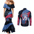 Personalized Western Bulldogs Football Couples Matching Mermaid Dress and Long Sleeve Button Shirt Easter Egg Pattern Red Blue Tribal Dot Art Style