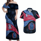 Personalized Western Bulldogs Football Couples Matching Off Shoulder Maxi Dress and Hawaiian Shirt Easter Egg Pattern Red Blue Tribal Dot Art Style