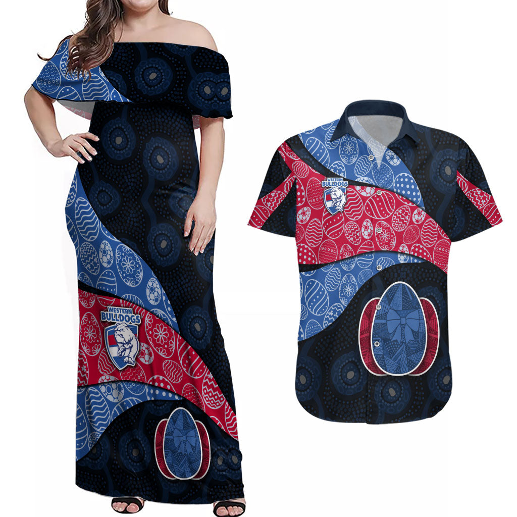 Personalized Western Bulldogs Football Couples Matching Off Shoulder Maxi Dress and Hawaiian Shirt Easter Egg Pattern Red Blue Tribal Dot Art Style