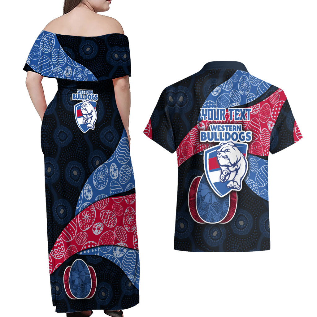 Personalized Western Bulldogs Football Couples Matching Off Shoulder Maxi Dress and Hawaiian Shirt Easter Egg Pattern Red Blue Tribal Dot Art Style