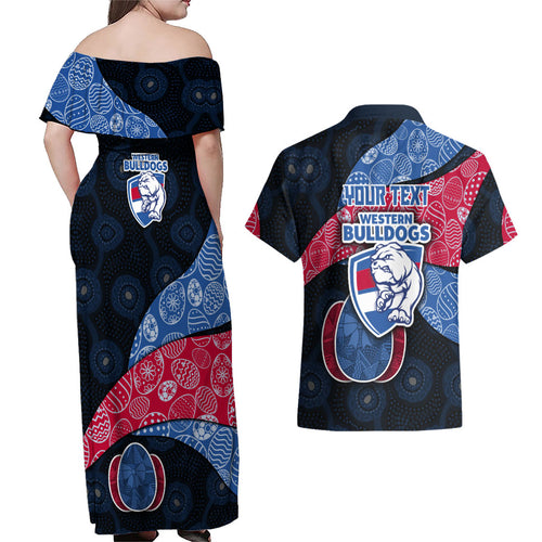 Personalized Western Bulldogs Football Couples Matching Off Shoulder Maxi Dress and Hawaiian Shirt Easter Egg Pattern Red Blue Tribal Dot Art Style