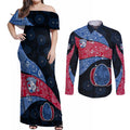Personalized Western Bulldogs Football Couples Matching Off Shoulder Maxi Dress and Long Sleeve Button Shirt Easter Egg Pattern Red Blue Tribal Dot Art Style