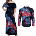 Personalized Western Bulldogs Football Couples Matching Off Shoulder Maxi Dress and Long Sleeve Button Shirt Easter Egg Pattern Red Blue Tribal Dot Art Style
