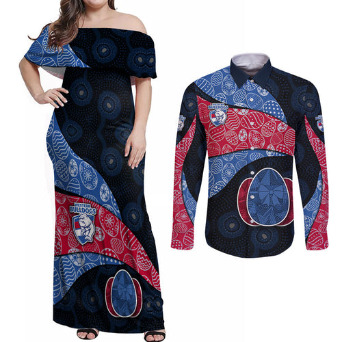 Personalized Western Bulldogs Football Couples Matching Off Shoulder Maxi Dress and Long Sleeve Button Shirt Easter Egg Pattern Red Blue Tribal Dot Art Style