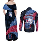 Personalized Western Bulldogs Football Couples Matching Off Shoulder Maxi Dress and Long Sleeve Button Shirt Easter Egg Pattern Red Blue Tribal Dot Art Style