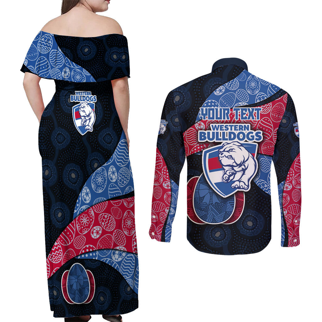 Personalized Western Bulldogs Football Couples Matching Off Shoulder Maxi Dress and Long Sleeve Button Shirt Easter Egg Pattern Red Blue Tribal Dot Art Style