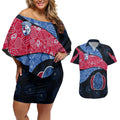 Personalized Western Bulldogs Football Couples Matching Off Shoulder Short Dress and Hawaiian Shirt Easter Egg Pattern Red Blue Tribal Dot Art Style