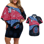Personalized Western Bulldogs Football Couples Matching Off Shoulder Short Dress and Hawaiian Shirt Easter Egg Pattern Red Blue Tribal Dot Art Style
