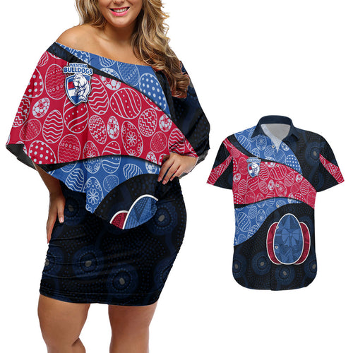 Personalized Western Bulldogs Football Couples Matching Off Shoulder Short Dress and Hawaiian Shirt Easter Egg Pattern Red Blue Tribal Dot Art Style