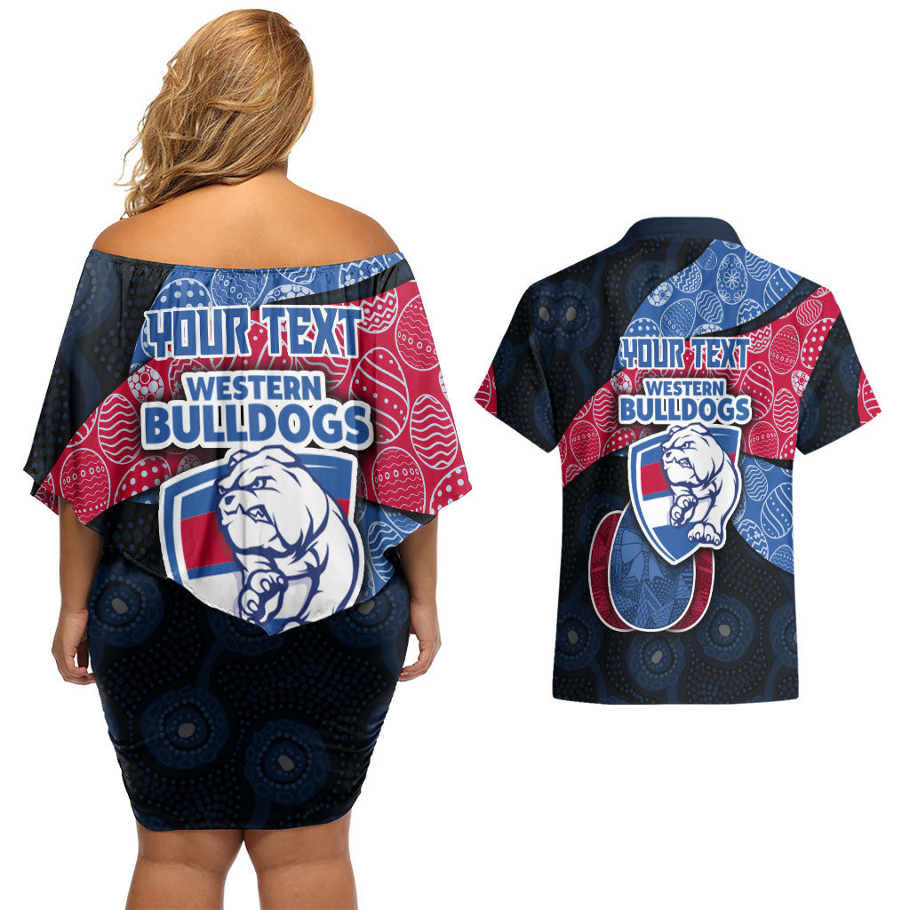Personalized Western Bulldogs Football Couples Matching Off Shoulder Short Dress and Hawaiian Shirt Easter Egg Pattern Red Blue Tribal Dot Art Style