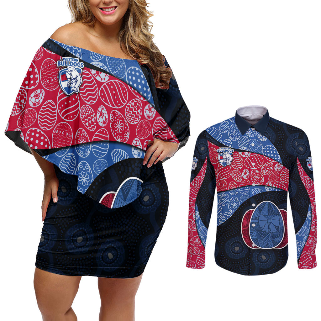 Personalized Western Bulldogs Football Couples Matching Off Shoulder Short Dress and Long Sleeve Button Shirt Easter Egg Pattern Red Blue Tribal Dot Art Style