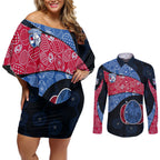 Personalized Western Bulldogs Football Couples Matching Off Shoulder Short Dress and Long Sleeve Button Shirt Easter Egg Pattern Red Blue Tribal Dot Art Style