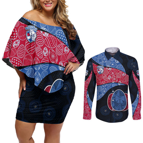 Personalized Western Bulldogs Football Couples Matching Off Shoulder Short Dress and Long Sleeve Button Shirt Easter Egg Pattern Red Blue Tribal Dot Art Style