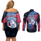Personalized Western Bulldogs Football Couples Matching Off Shoulder Short Dress and Long Sleeve Button Shirt Easter Egg Pattern Red Blue Tribal Dot Art Style