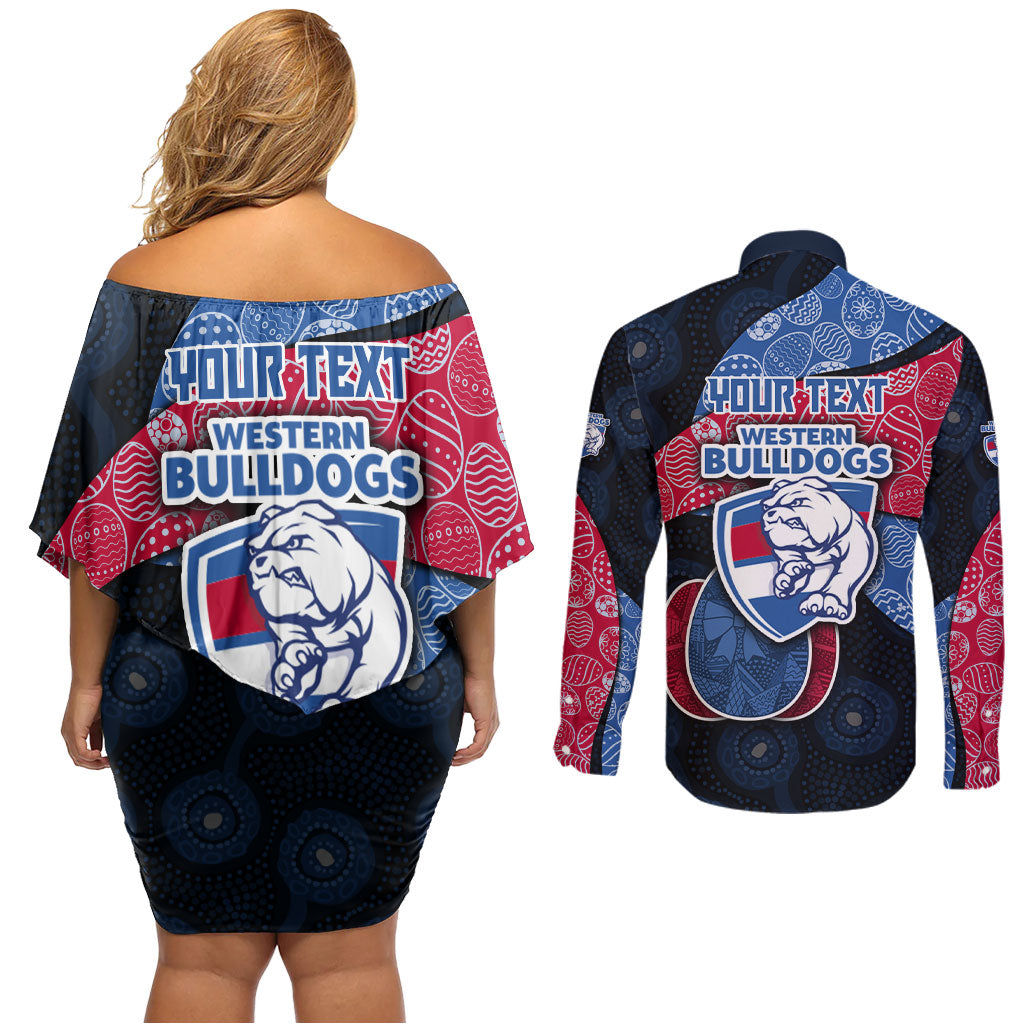Personalized Western Bulldogs Football Couples Matching Off Shoulder Short Dress and Long Sleeve Button Shirt Easter Egg Pattern Red Blue Tribal Dot Art Style