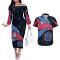 Personalized Western Bulldogs Football Couples Matching Off The Shoulder Long Sleeve Dress and Hawaiian Shirt Easter Egg Pattern Red Blue Tribal Dot Art Style