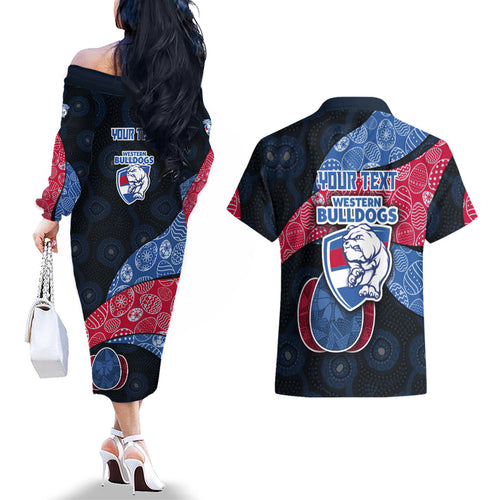 Personalized Western Bulldogs Football Couples Matching Off The Shoulder Long Sleeve Dress and Hawaiian Shirt Easter Egg Pattern Red Blue Tribal Dot Art Style