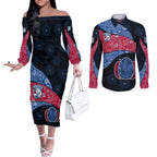 Personalized Western Bulldogs Football Couples Matching Off The Shoulder Long Sleeve Dress and Long Sleeve Button Shirt Easter Egg Pattern Red Blue Tribal Dot Art Style