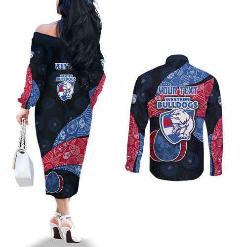 Personalized Western Bulldogs Football Couples Matching Off The Shoulder Long Sleeve Dress and Long Sleeve Button Shirt Easter Egg Pattern Red Blue Tribal Dot Art Style