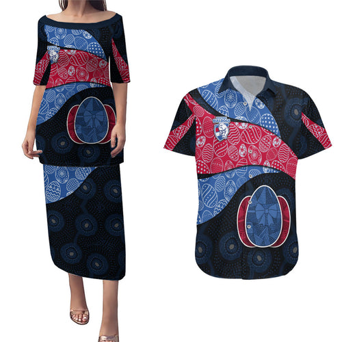 Personalized Western Bulldogs Football Couples Matching Puletasi and Hawaiian Shirt Easter Egg Pattern Red Blue Tribal Dot Art Style