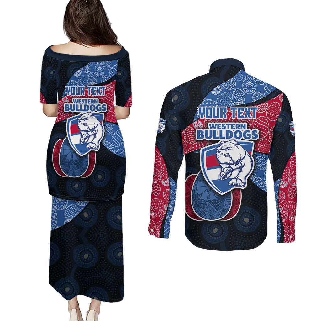 Personalized Western Bulldogs Football Couples Matching Puletasi and Long Sleeve Button Shirt Easter Egg Pattern Red Blue Tribal Dot Art Style