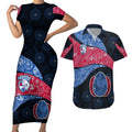Personalized Western Bulldogs Football Couples Matching Short Sleeve Bodycon Dress and Hawaiian Shirt Easter Egg Pattern Red Blue Tribal Dot Art Style