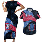 Personalized Western Bulldogs Football Couples Matching Short Sleeve Bodycon Dress and Hawaiian Shirt Easter Egg Pattern Red Blue Tribal Dot Art Style