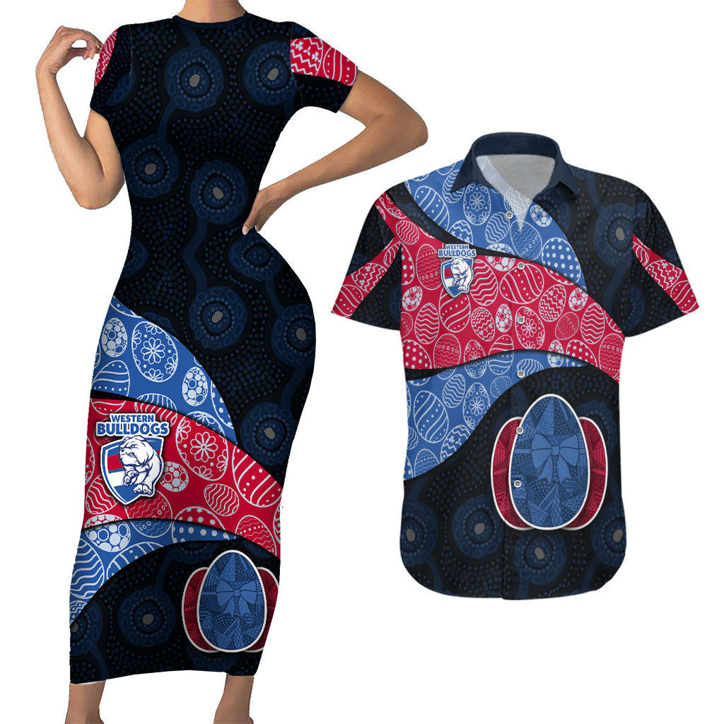 Personalized Western Bulldogs Football Couples Matching Short Sleeve Bodycon Dress and Hawaiian Shirt Easter Egg Pattern Red Blue Tribal Dot Art Style
