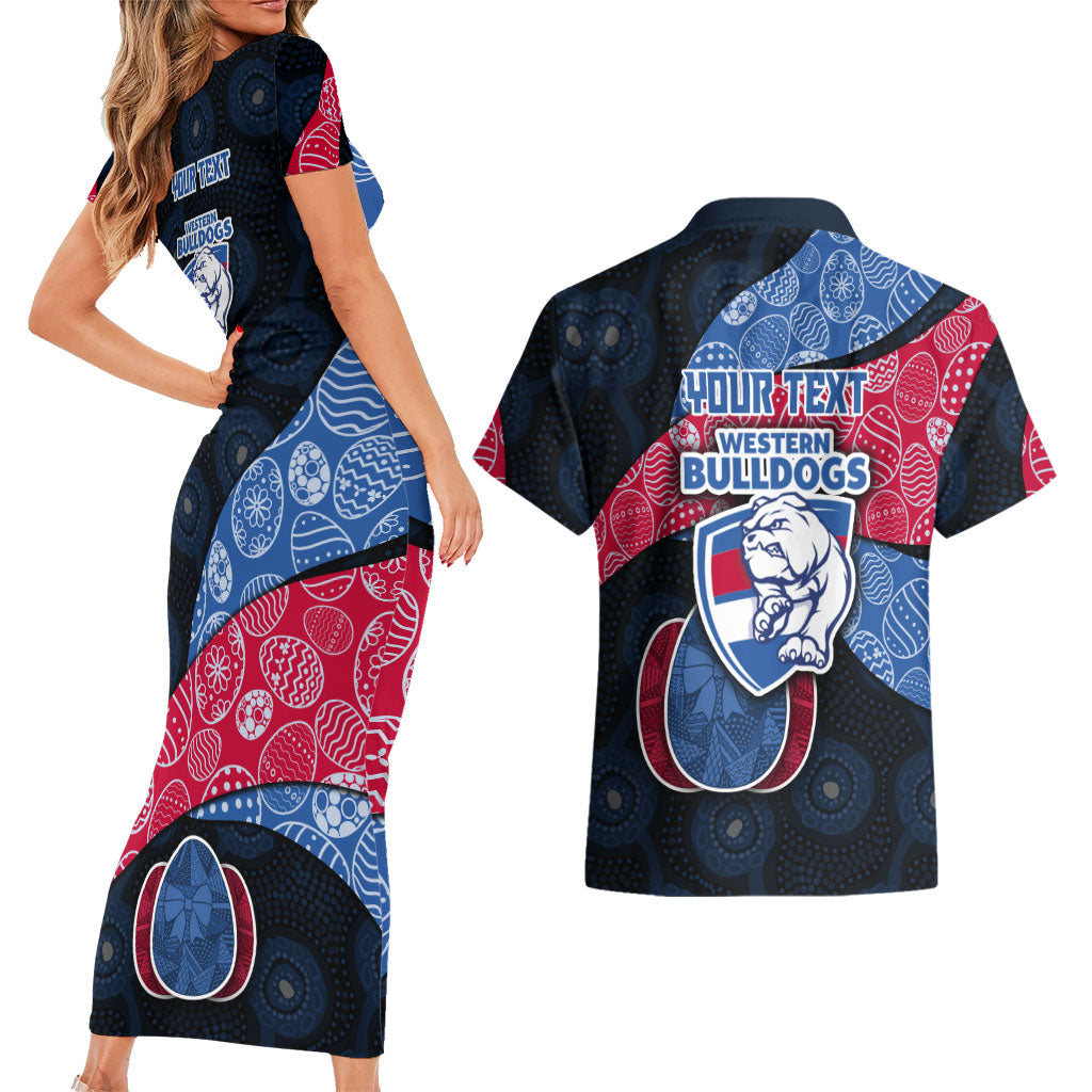 Personalized Western Bulldogs Football Couples Matching Short Sleeve Bodycon Dress and Hawaiian Shirt Easter Egg Pattern Red Blue Tribal Dot Art Style