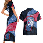 Personalized Western Bulldogs Football Couples Matching Short Sleeve Bodycon Dress and Hawaiian Shirt Easter Egg Pattern Red Blue Tribal Dot Art Style