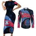 Personalized Western Bulldogs Football Couples Matching Short Sleeve Bodycon Dress and Long Sleeve Button Shirt Easter Egg Pattern Red Blue Tribal Dot Art Style