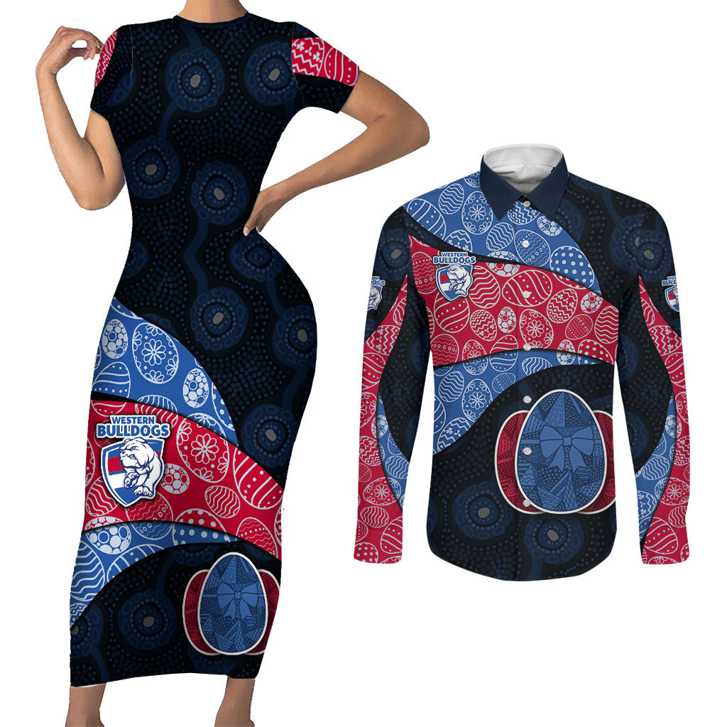 Personalized Western Bulldogs Football Couples Matching Short Sleeve Bodycon Dress and Long Sleeve Button Shirt Easter Egg Pattern Red Blue Tribal Dot Art Style