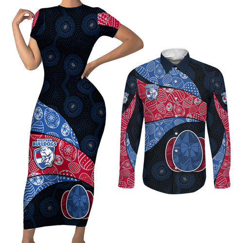 Personalized Western Bulldogs Football Couples Matching Short Sleeve Bodycon Dress and Long Sleeve Button Shirt Easter Egg Pattern Red Blue Tribal Dot Art Style