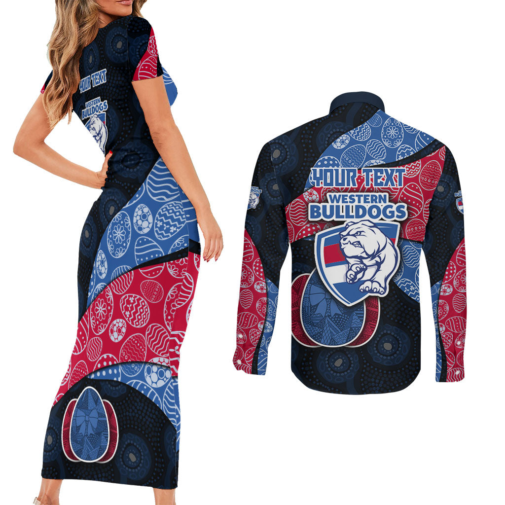 Personalized Western Bulldogs Football Couples Matching Short Sleeve Bodycon Dress and Long Sleeve Button Shirt Easter Egg Pattern Red Blue Tribal Dot Art Style