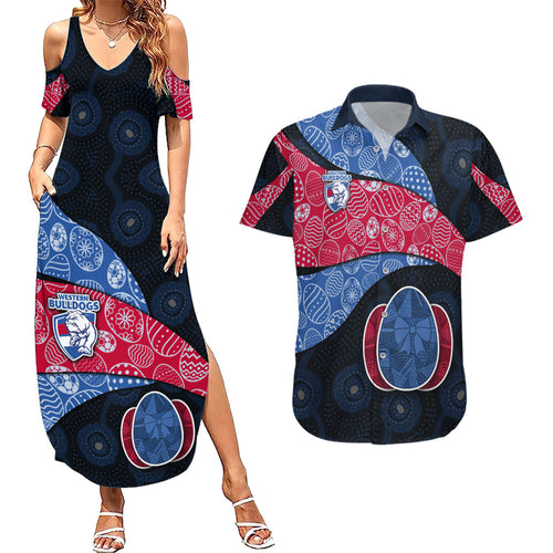 Personalized Western Bulldogs Football Couples Matching Summer Maxi Dress and Hawaiian Shirt Easter Egg Pattern Red Blue Tribal Dot Art Style