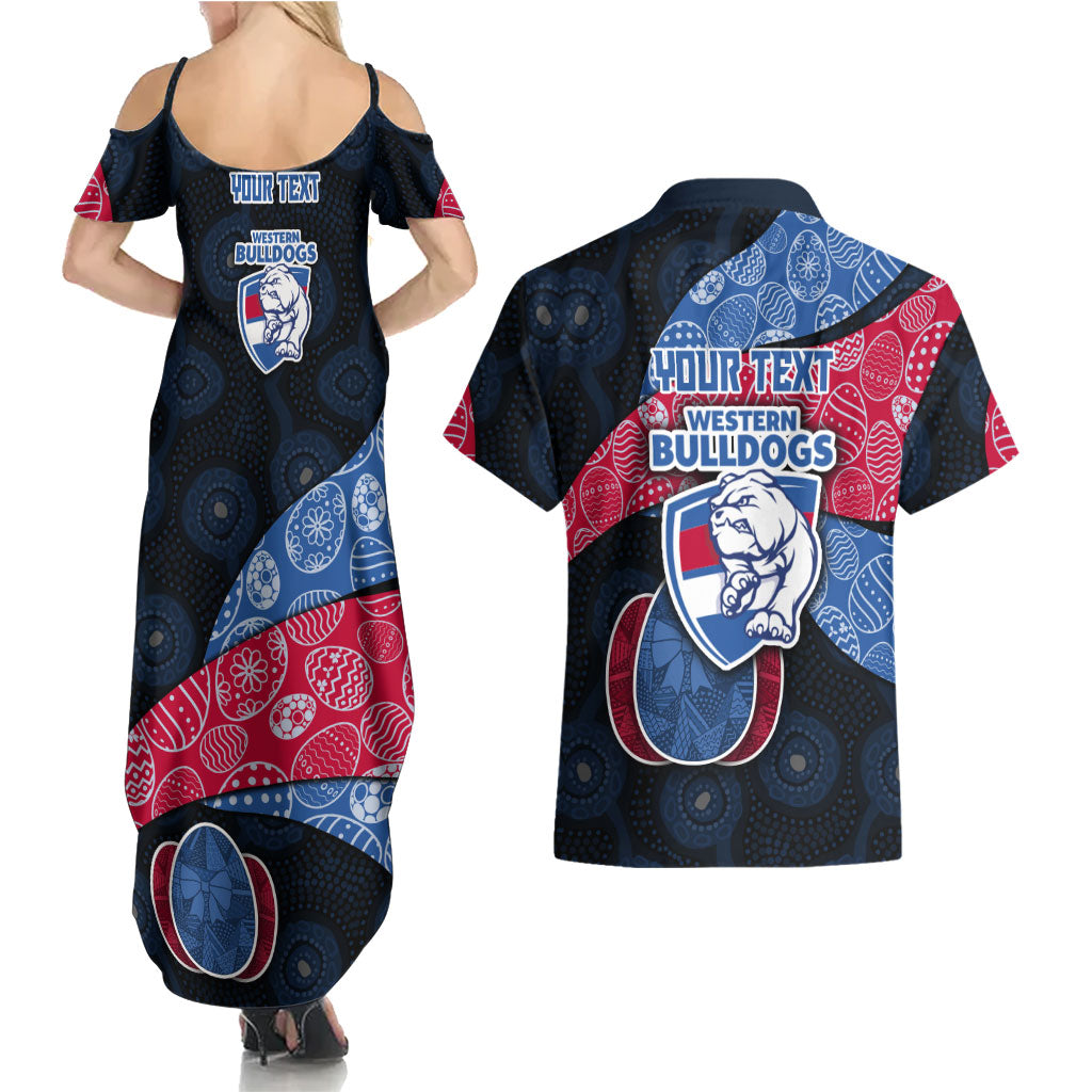 Personalized Western Bulldogs Football Couples Matching Summer Maxi Dress and Hawaiian Shirt Easter Egg Pattern Red Blue Tribal Dot Art Style