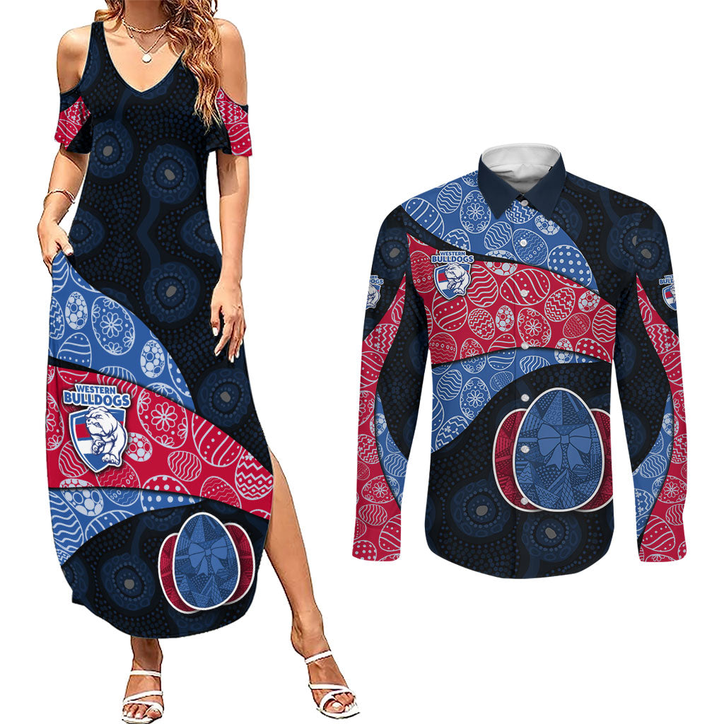 Personalized Western Bulldogs Football Couples Matching Summer Maxi Dress and Long Sleeve Button Shirt Easter Egg Pattern Red Blue Tribal Dot Art Style