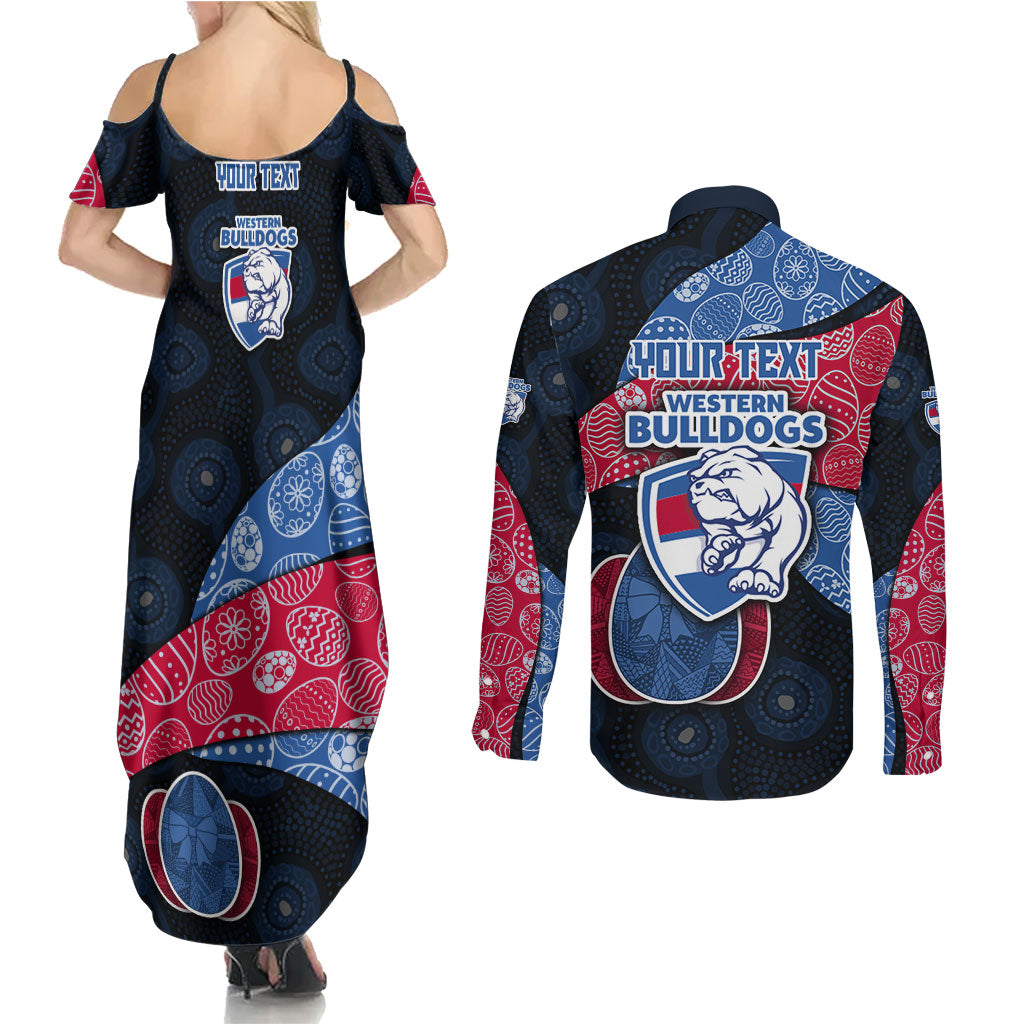 Personalized Western Bulldogs Football Couples Matching Summer Maxi Dress and Long Sleeve Button Shirt Easter Egg Pattern Red Blue Tribal Dot Art Style
