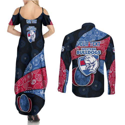Personalized Western Bulldogs Football Couples Matching Summer Maxi Dress and Long Sleeve Button Shirt Easter Egg Pattern Red Blue Tribal Dot Art Style