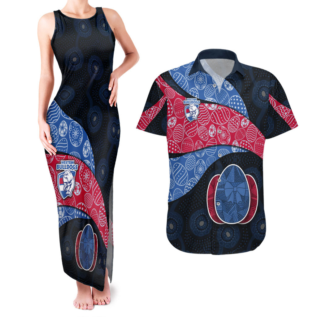 Personalized Western Bulldogs Football Couples Matching Tank Maxi Dress and Hawaiian Shirt Easter Egg Pattern Red Blue Tribal Dot Art Style