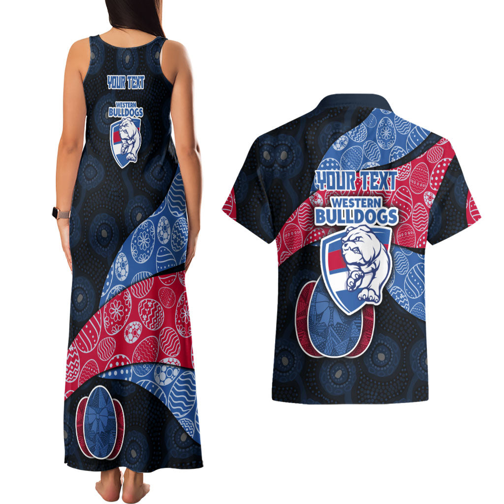 Personalized Western Bulldogs Football Couples Matching Tank Maxi Dress and Hawaiian Shirt Easter Egg Pattern Red Blue Tribal Dot Art Style
