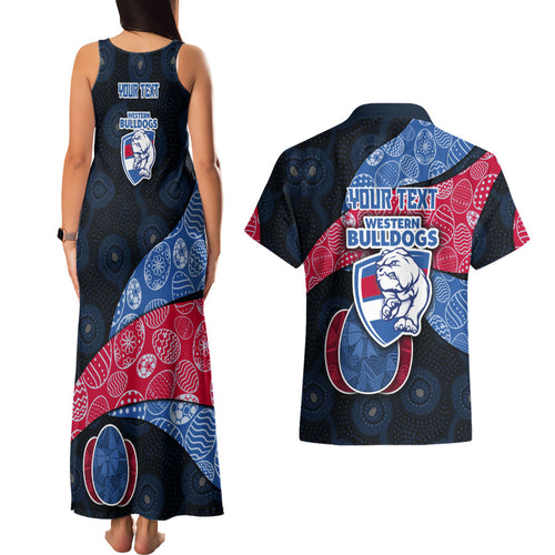 Personalized Western Bulldogs Football Couples Matching Tank Maxi Dress and Hawaiian Shirt Easter Egg Pattern Red Blue Tribal Dot Art Style